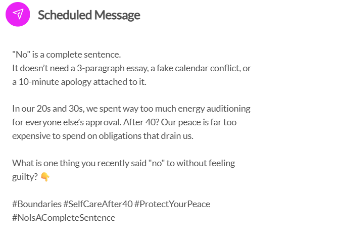Rakachel first scheduled social media message