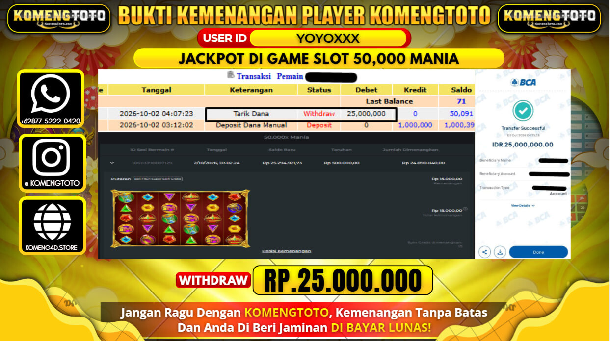 LAGI & LAGI!! KEMENANGAN BESAR DI GAME SLOT50,000 MANIA  Rp.25.000.000 KOMENGTOTO BAYAR LUNAS SECEPAT KILAT !! KOMENGTOTO BAYAR SECEPAT KILAT !!