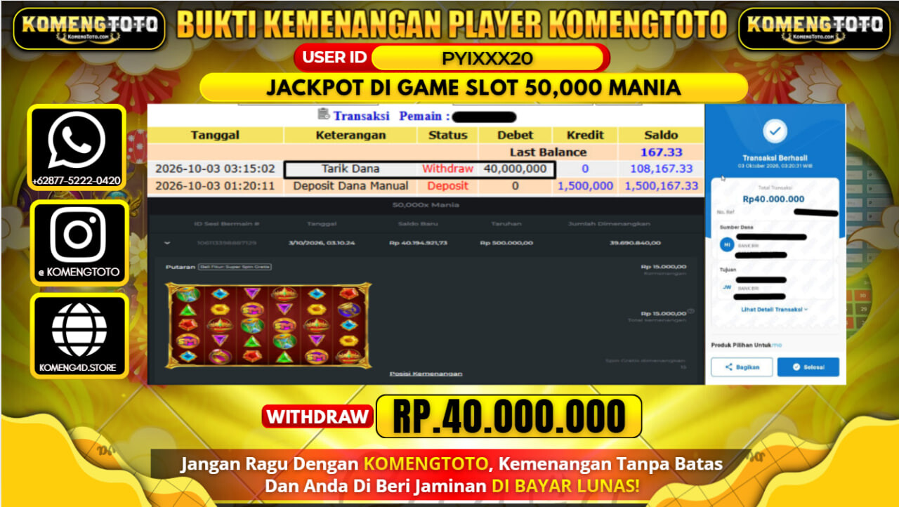LAGI & LAGI!! KEMENANGAN BESAR DI GAME SLOT 50,000 MANIA  Rp.40.000.000 KOMENGTOTO BAYAR LUNAS SECEPAT KILAT !! KOMENGTOTO BAYAR SECEPAT KILAT !!