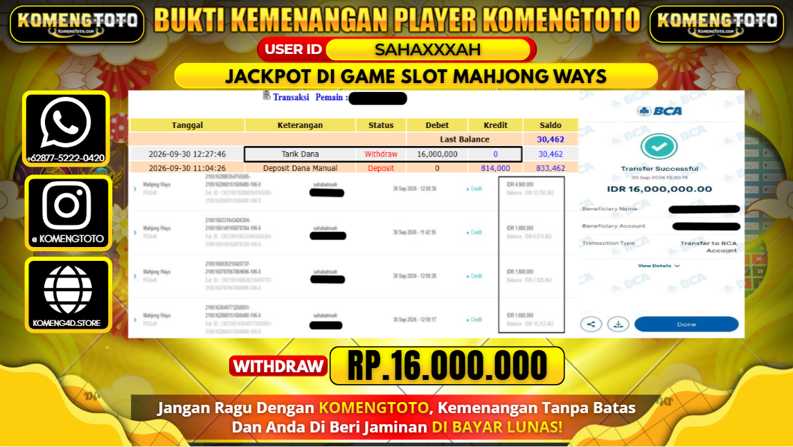 LAGI & LAGI!! KEMENANGAN BESAR DI GAME SLOT MAHJONG WAYS Rp.16.000.000 KOMENGTOTO BAYAR LUNAS SECEPAT KILAT !! KOMENGTOTO BAYAR SECEPAT KILAT !!
