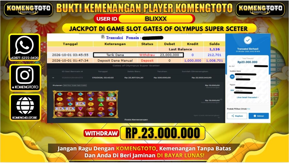 LAGI & LAGI!! KEMENANGAN BESAR DI GAME SLOT GATES  OF OLYMPUS SUPER SCETER Rp.23.000.000 KOMENGTOTO BAYAR LUNAS SECEPAT KILAT !! KOMENGTOTO BAYAR SECEPAT KILAT !!