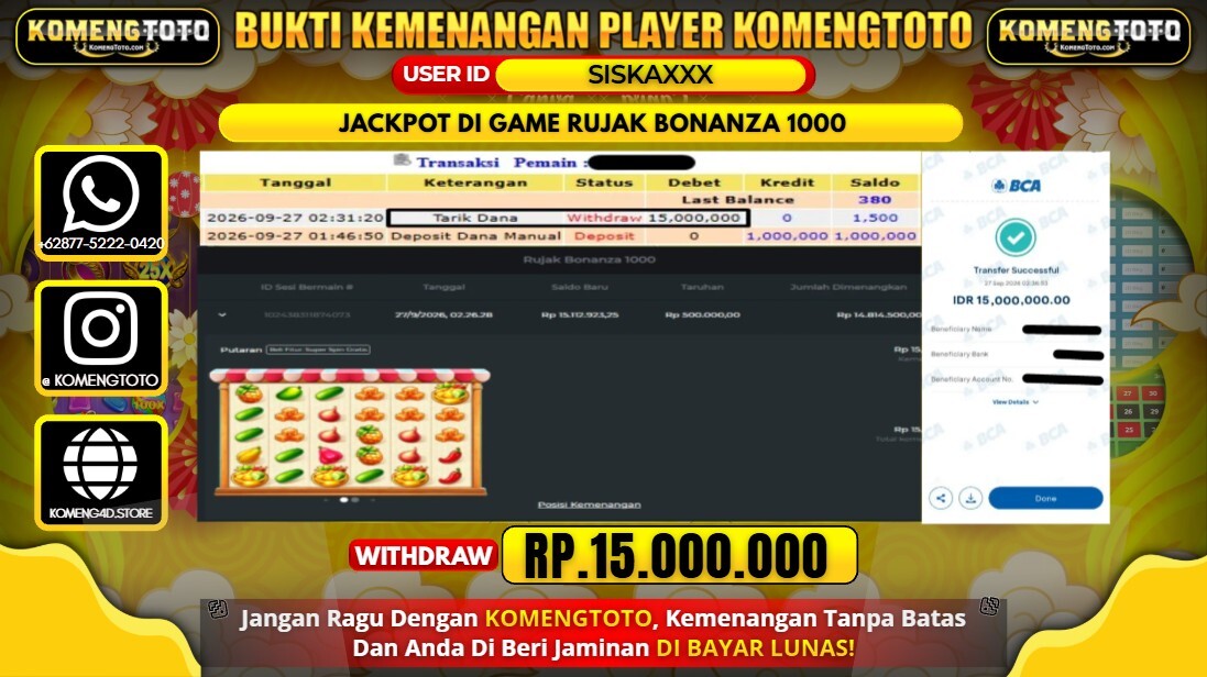 LAGI & LAGI!! KEMENANGAN BESAR DI SLOT RUJAK BONANZA 1000 Rp. 15.000.000 KOMENGTOTO BAYAR LUNAS SECEPAT KILAT !! KOMENGTOTO BAYAR SECEPAT KILAT !!