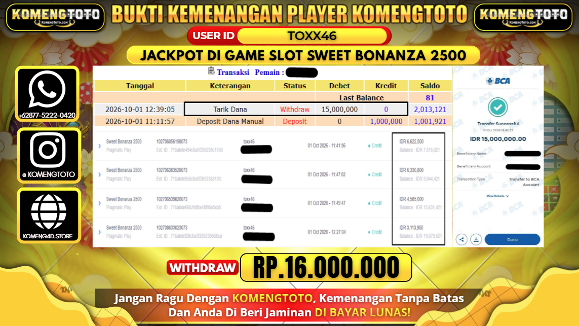 LAGI & LAGI!! KEMENANGAN BESAR DI GAME SLOT SWEET BONANZA 2500  Rp.16.000.000 KOMENGTOTO BAYAR LUNAS SECEPAT KILAT !! KOMENGTOTO BAYAR SECEPAT KILAT !!