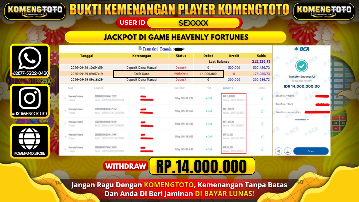 LAGI & LAGI!! KEMENANGAN BESAR DI SLOT GAME HEAVENLY FORTUNES  Rp. 14.000.000 KOMENGTOTO BAYAR LUNAS SECEPAT KILAT !! KOMENGTOTO BAYAR SECEPAT KILAT !!