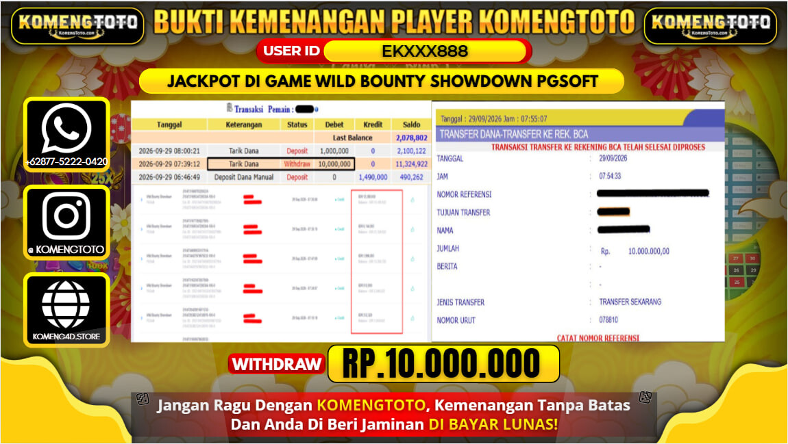LAGI & LAGI!! KEMENANGAN BESAR DI SLOT WILD BOUNTY SHOWDOWN PGSOFT  Rp. 10.000.000 KOMENGTOTO BAYAR LUNAS SECEPAT KILAT !! KOMENGTOTO BAYAR SECEPAT KILAT !!