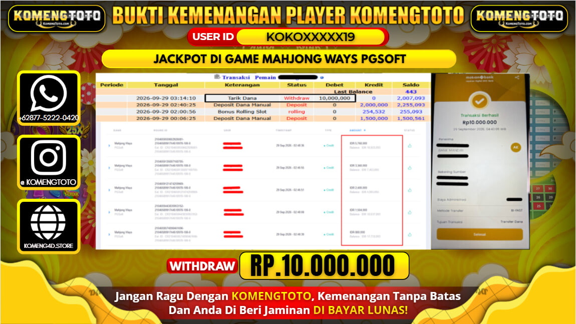 LAGI & LAGI!! KEMENANGAN BESAR DI SLOT  MAHJONG WAYS PGSOFT Rp. 10.000.000 KOMENGTOTO BAYAR LUNAS SECEPAT KILAT !! KOMENGTOTO BAYAR SECEPAT KILAT !!