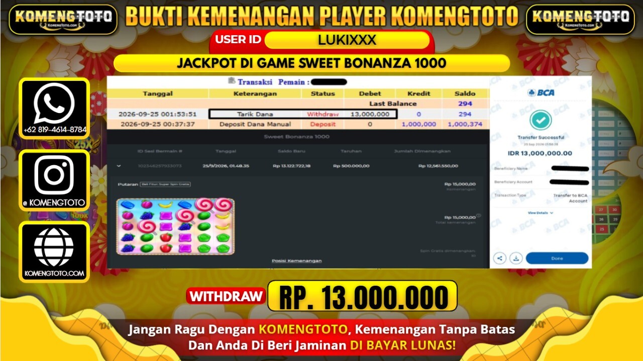 LAGI & LAGI!! KEMENANGAN BESAR DI SLOT SWEET BONANZA 1000 Rp. 13.000.000 KOMENGTOTO BAYAR LUNAS SECEPAT KILAT !! KOMENGTOTO BAYAR SECEPAT KILAT !!