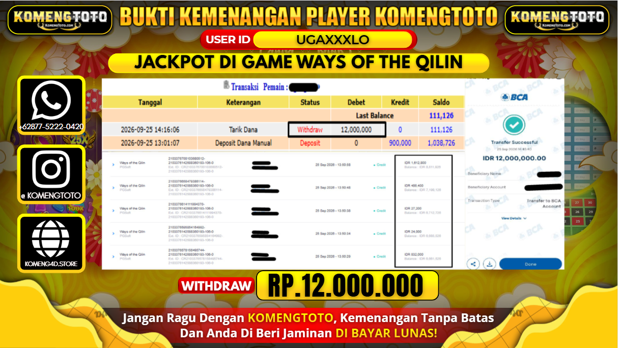 LAGI & LAGI!! KEMENANGAN BESAR DI SLOT  WAYS OF THE QILIN  Rp. 12.000.000 KOMENGTOTO BAYAR LUNAS SECEPAT KILAT !! KOMENGTOTO BAYAR SECEPAT KILAT !!
