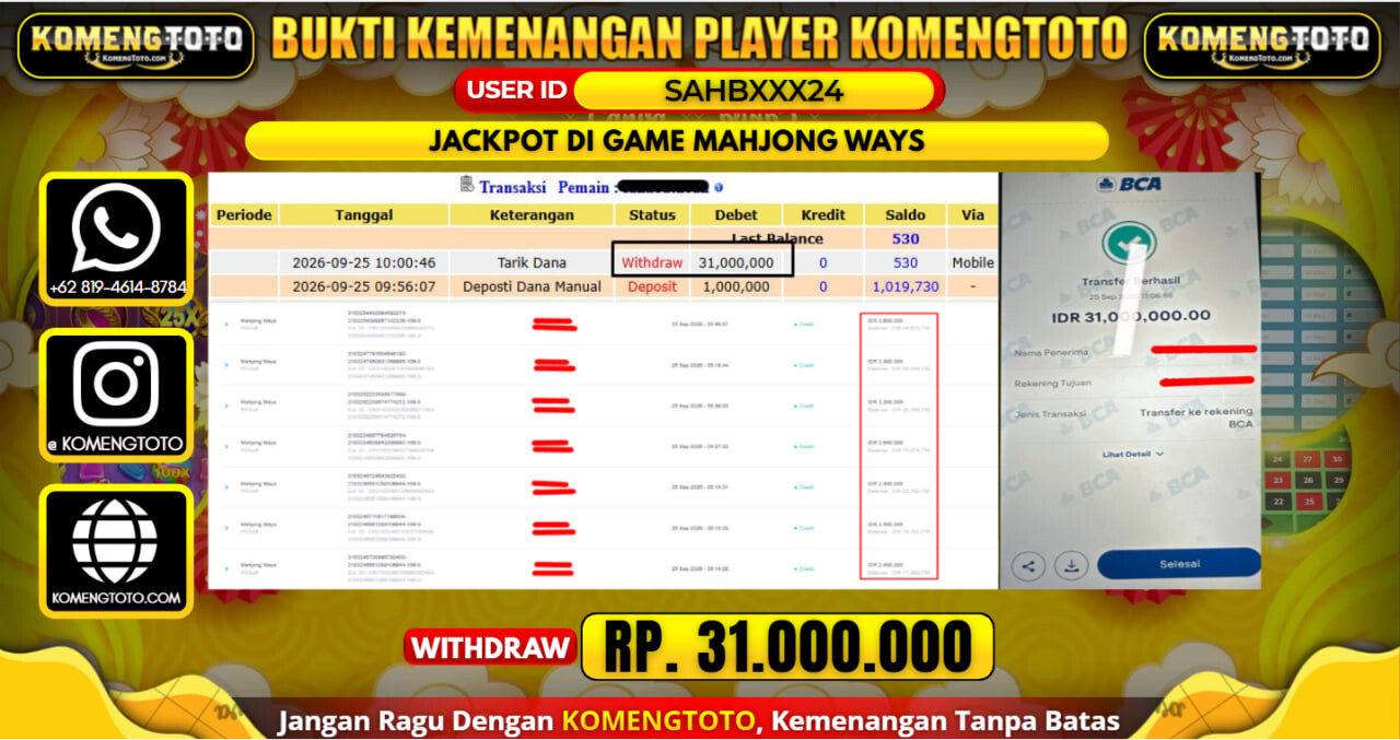 LAGI & LAGI!! KEMENANGAN BESAR DI SLOT  MAHJONG WAYS  Rp. 31.000.000 KOMENGTOTO BAYAR LUNAS SECEPAT KILAT !! KOMENGTOTO BAYAR SECEPAT KILAT !!