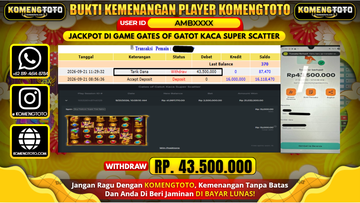 LAGI & LAGI!! KEMENANGAN BESAR DI SLOT  GATES OF GATOT KACA SUPER SCATTER Rp. 43.500.000 KOMENGTOTO BAYAR LUNAS SECEPAT KILAT !! KOMENGTOTO BAYAR SECEPAT KILAT !!