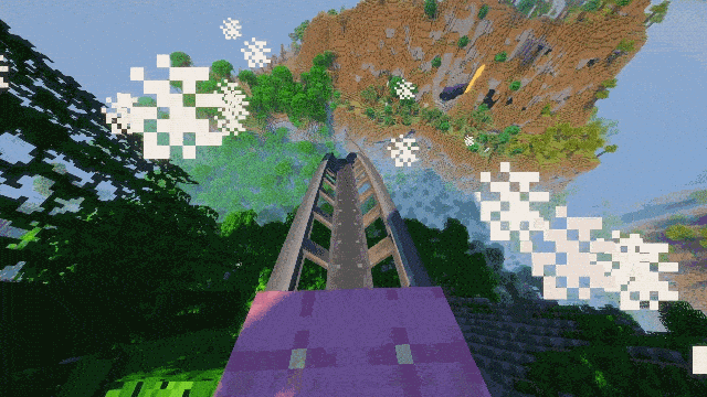 An immersive drop from a large height showcasing a camera following the track and a screen zoom with lines to imitate the feel of velocity with shaders applied