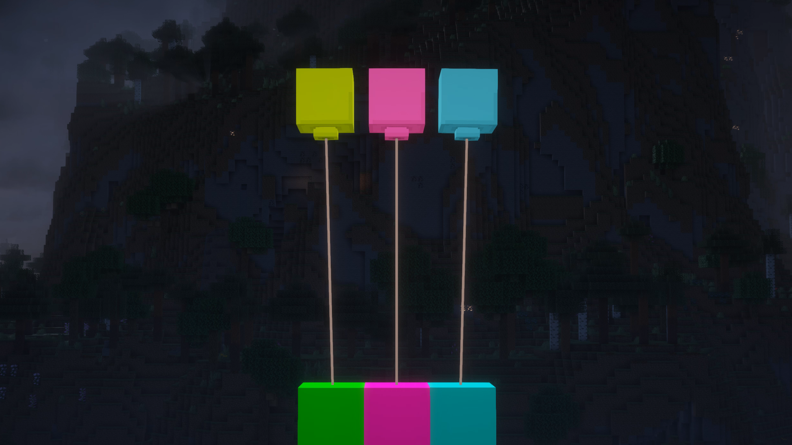 Multicolored balloons, in the order Lime, Magenta, and Light Blue shown alongside the same colors showcased as neon blocks