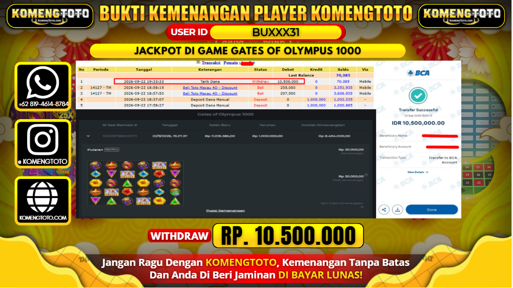 LAGI & LAGI!! KEMENANGAN BESAR DI SLOT GAME GATES OF OLYMPUS 1000 Rp.10.500.000 KOMENGTOTO BAYAR LUNAS SECEPAT KILAT !! KOMENGTOTO BAYAR SECEPAT KILAT !!