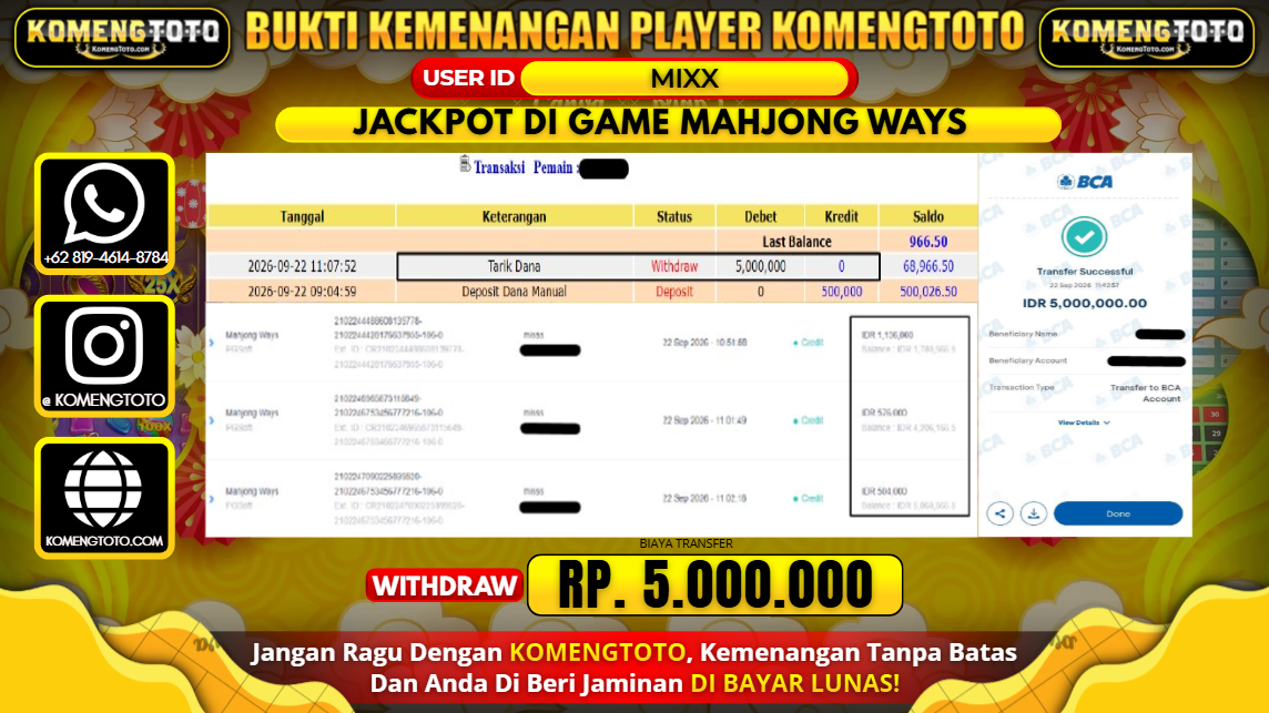 LAGI & LAGI!! KEMENANGAN BESAR DI SLOT  GAME MAHJONG WAYS Rp. 5.000.000 KOMENGTOTO BAYAR LUNAS SECEPAT KILAT !! KOMENGTOTO BAYAR SECEPAT KILAT !!