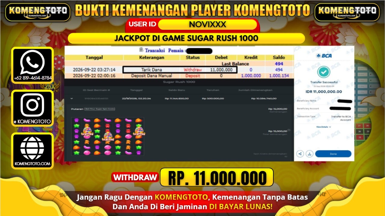 LAGI & LAGI!! KEMENANGAN BESAR  DI SLOT SUGAR RUSH 1000 Rp. 11.000.000 KOMENGTOTO BAYAR LUNAS SECEPAT KILAT !! KOMENGTOTO BAYAR SECEPAT KILAT !!